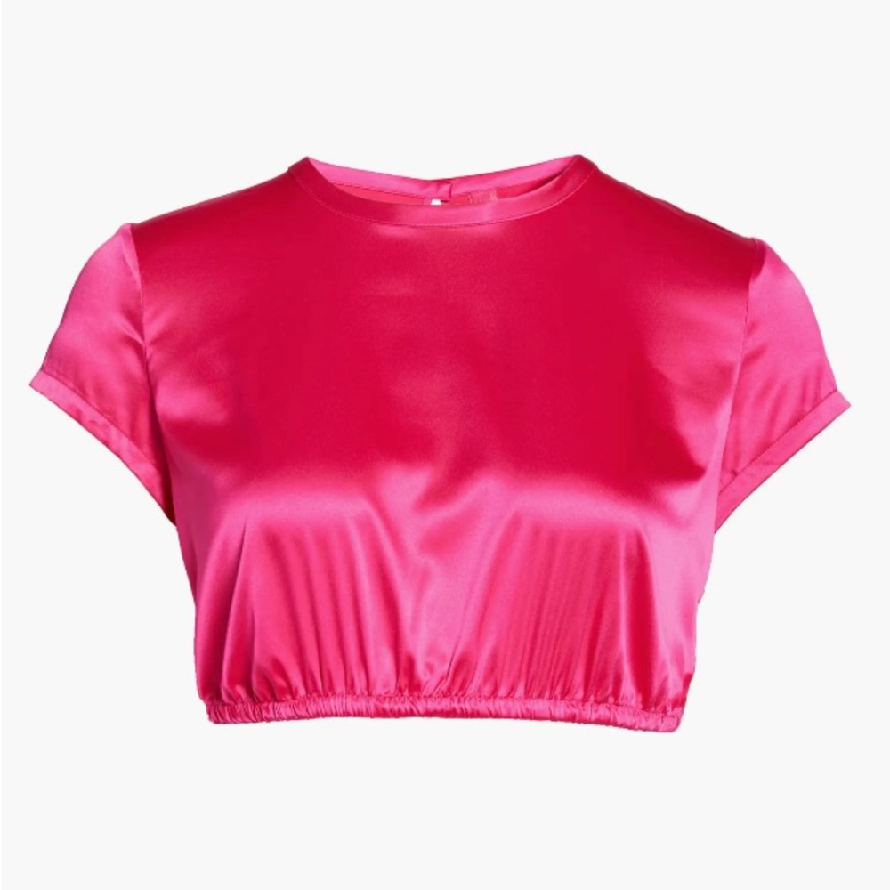 SKIMS Shine Collection Woven Crop Top in Raspberry 3x